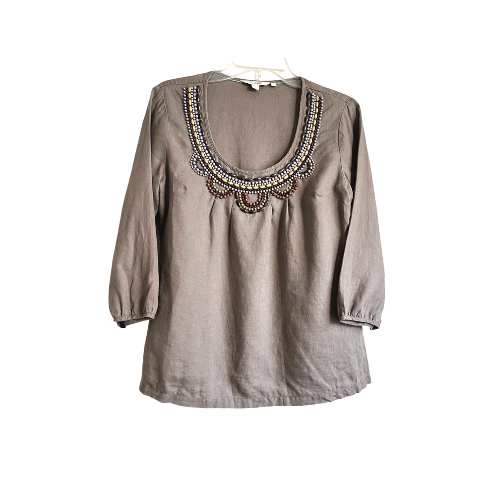 Boden Women Taupe Brown 100% Linen Beaded Neckline Tunic Top 3/4 Sleeve US 6